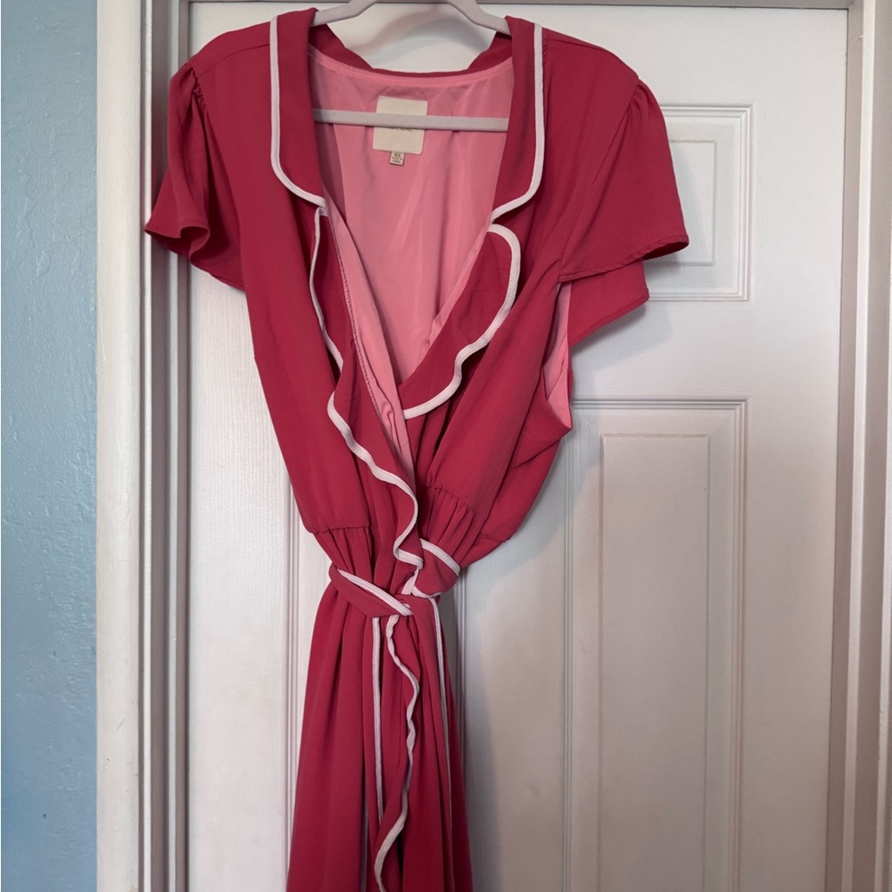 ModCloth Salmon-Pink Asymmetrical Ruffle Wrap Dress with White Trim